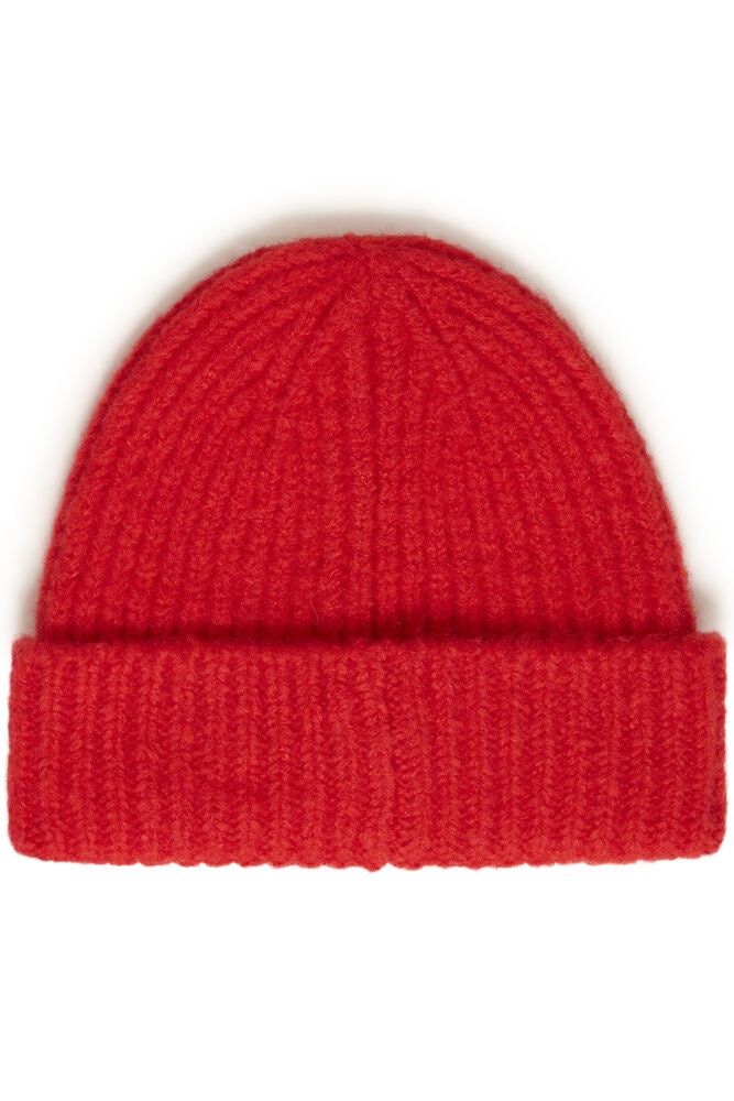 A bright red ribbed knit beanie hat with a folded cuff, shown against a plain white background.