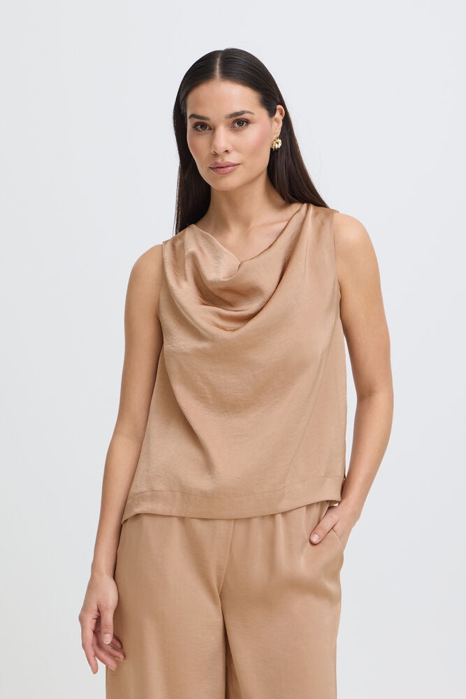 BYOUNG, silky blouse women, women's satin blouse, sleeveless satin top, draped neck blouse women, silky tank top women, champagne satin blouse, women's dressy tops, sleeveless silky blouse, satin shell top women, women's occasion wear, neutral satin top, elegant satin blouse alternative