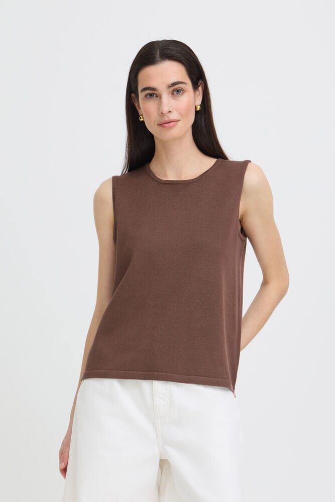 chocolate brown sleeveless top, brown shell top for women, sleeveless knit top womens