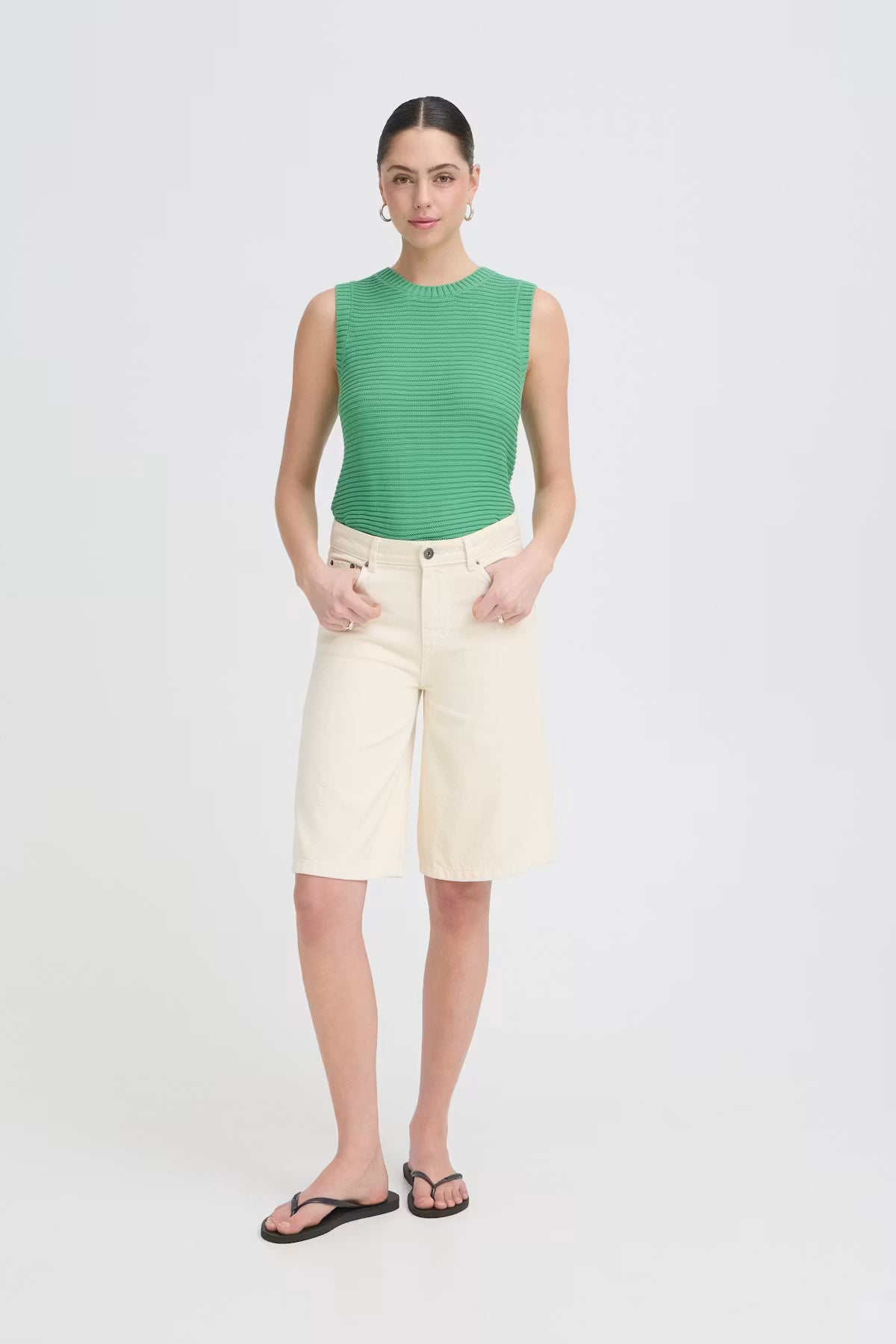 elaxed fit bermuda shorts, ivory long shorts women, casual summer bottoms, women’s ivory denim shorts, lightweight bermuda shorts