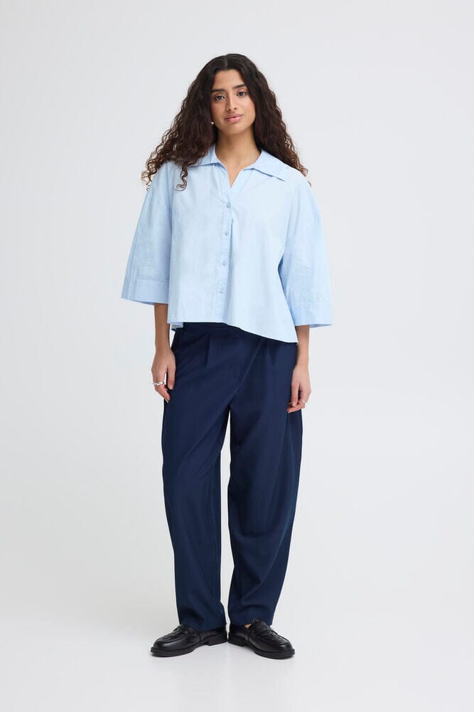 relaxed fit shirt blue, womens boxy blouse, light blue shirt women, modern button up shirt