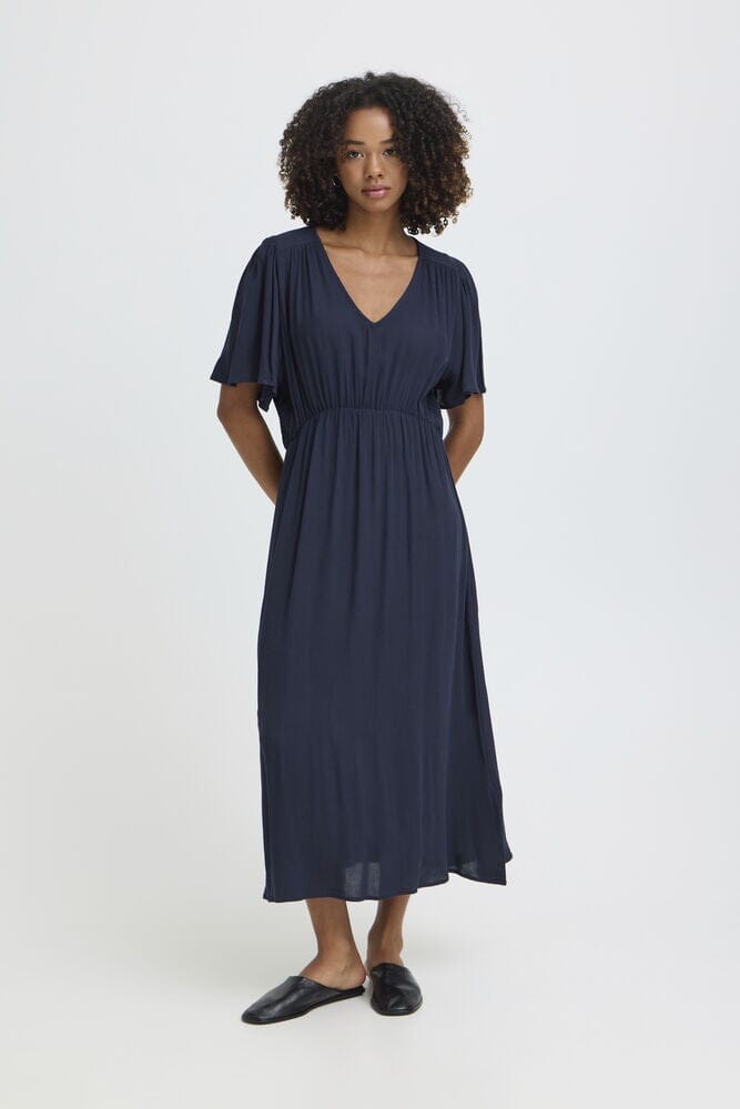 ICHI, navy midi dress women, empire waist midi dress, lightweight summer dress, flowy midi dress