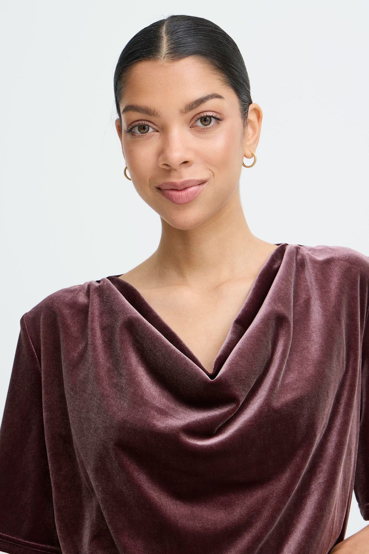 soft velvet top, fudge velvet shirt, cowl neck velvet blouse
