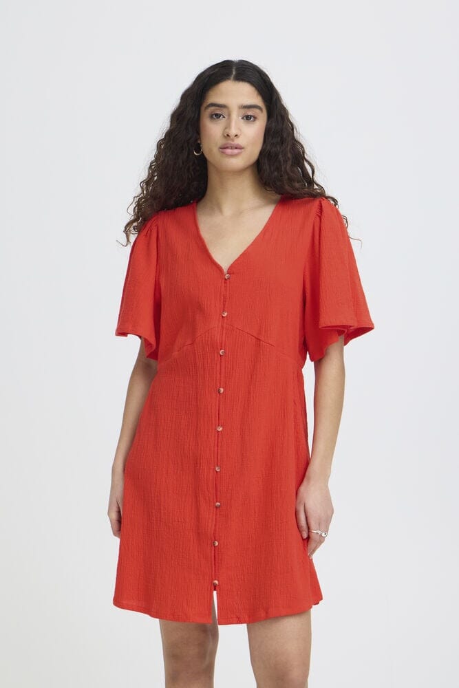 ICHI, red mini dress women, button front dress, red summer dress, casual mini dress, lightweight summer dress, short sleeve mini dress

