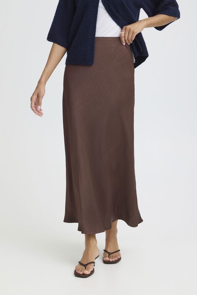 byoung, brown silky midi skirt, chocolate satin skirt, high waisted midi skirt brown, silk look midi skirt women