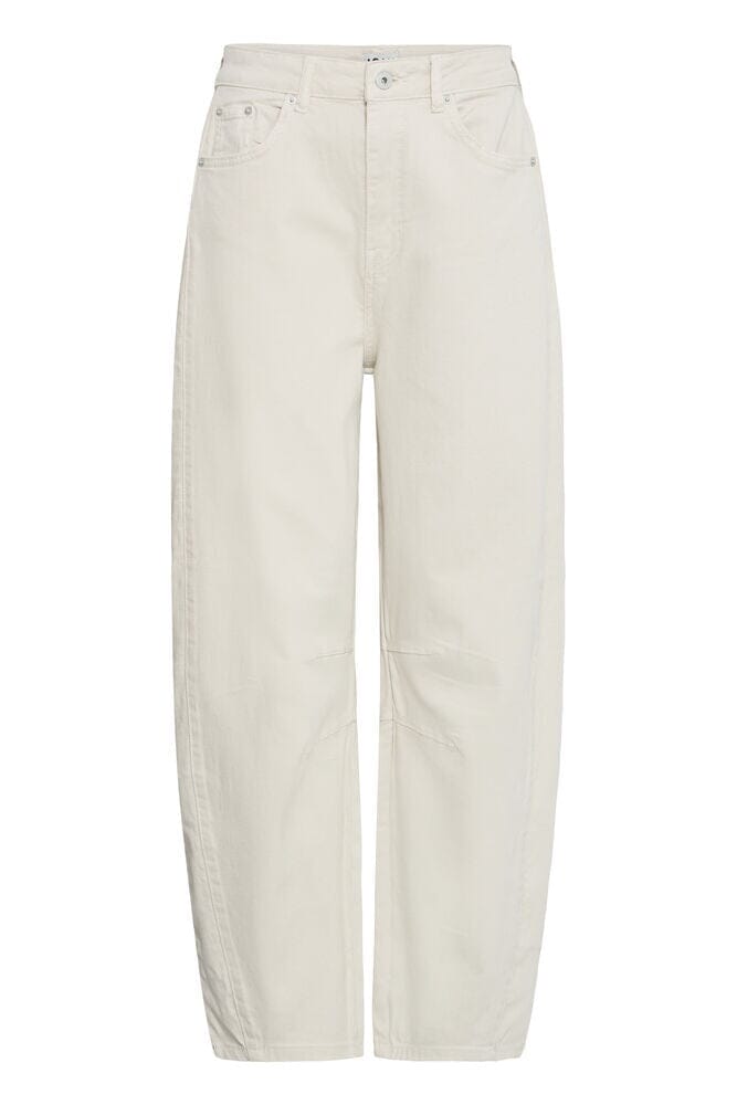 ICHI, cream barrel leg jeans women, ankle length jeans women, barrel leg denim women, neutral jeans outfit, modern denim women