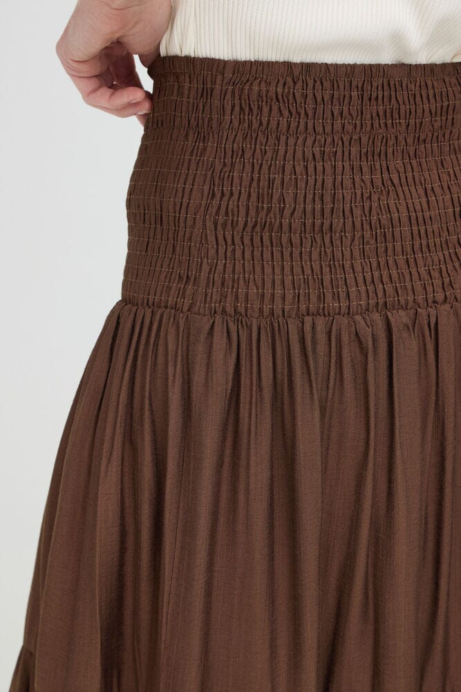 smocked waistband skirt, brown boho outfit, midi skirt with volume