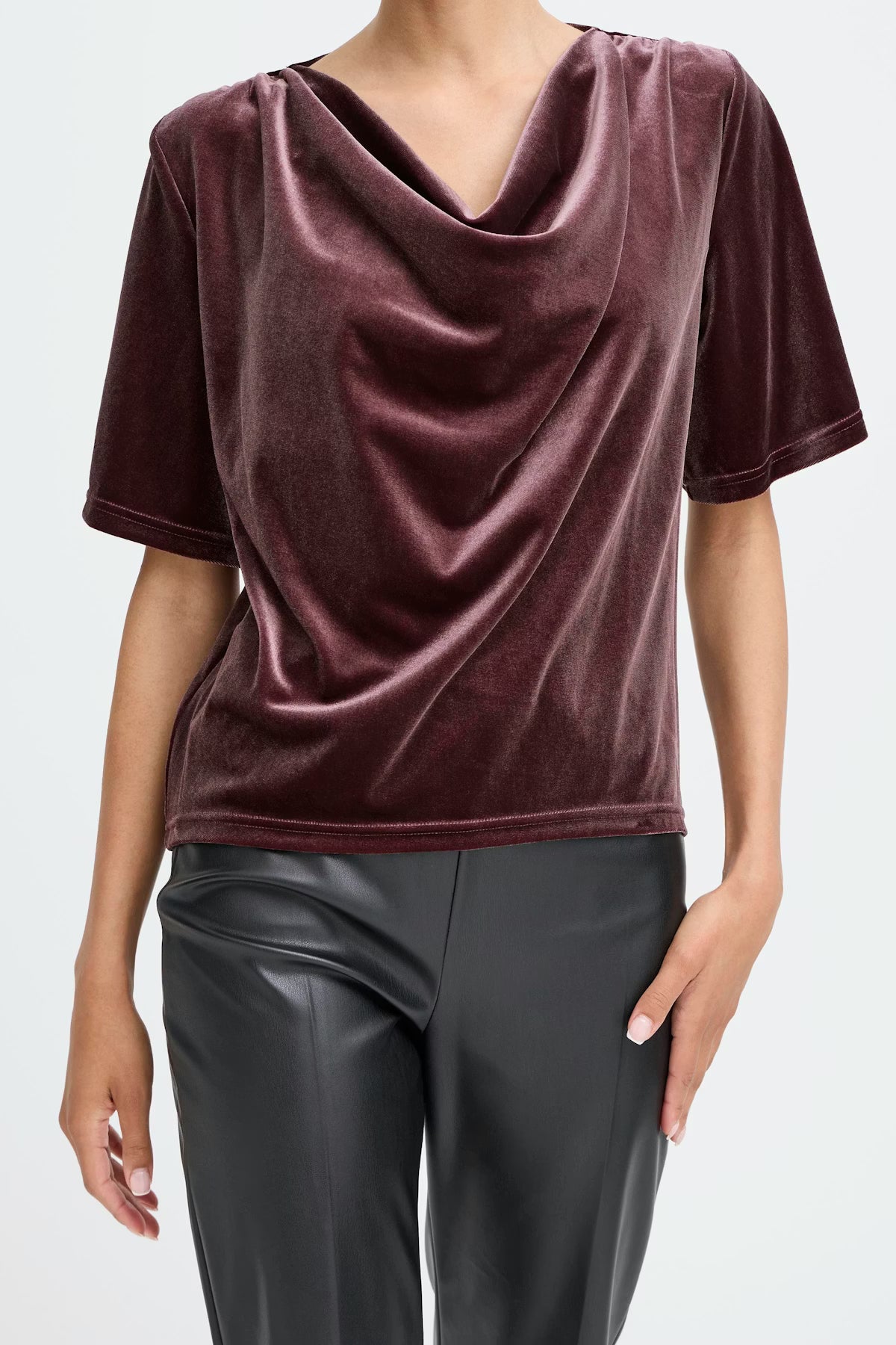 women’s velvet drape top, short sleeve velvet blouse