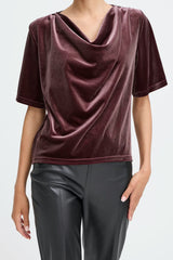 women’s velvet drape top, short sleeve velvet blouse
