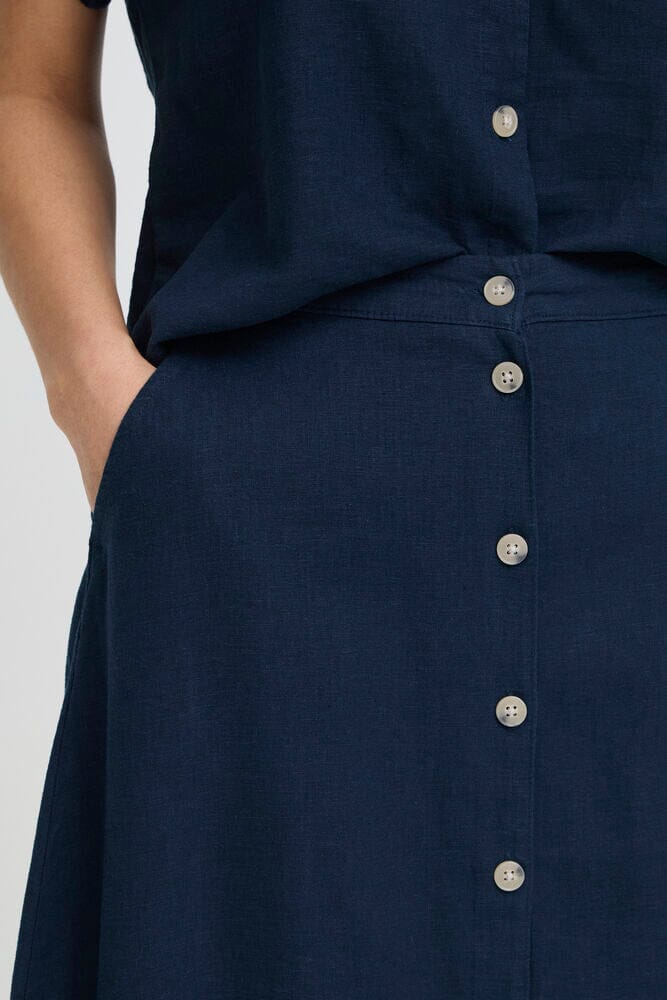 trendy linen blend skirt, everyday midi skirt women, polished casual skirt women, LORDON navy linen blend midi skirt
