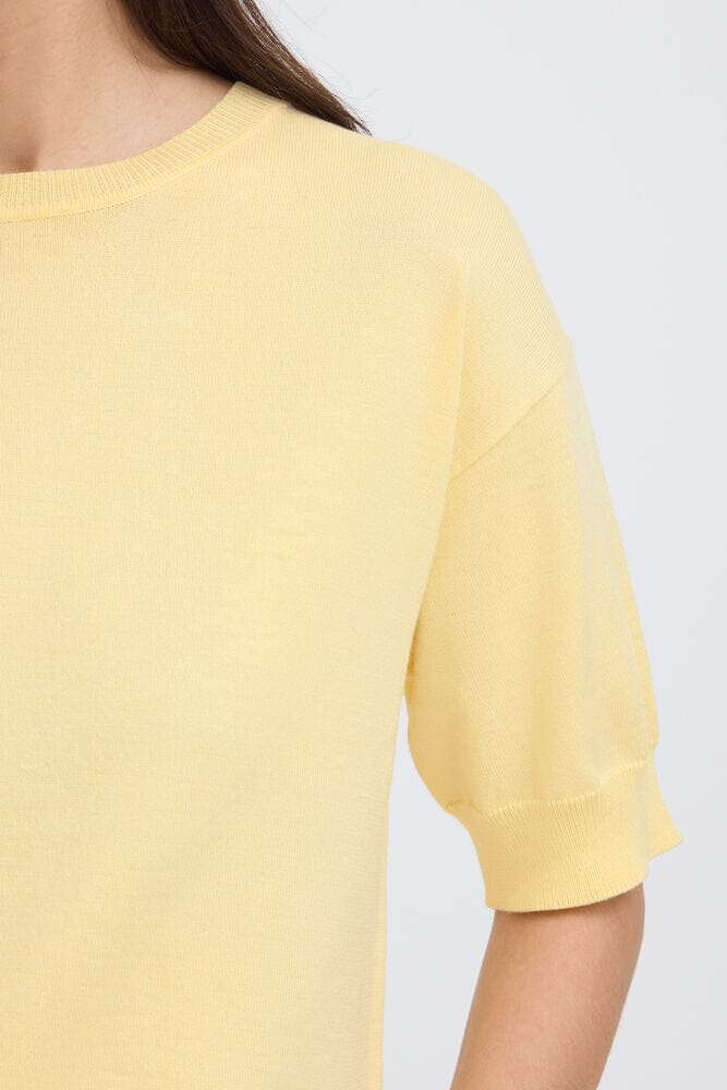 yellow casual outfit top, versatile knit shirt women, modern basic top women, elevated basics knit top, easy wear knit top, neutral color knit top