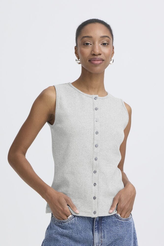 ICHI, grey sleeveless top women, button front tank top grey, minimal grey blouse, fitted sleeveless top women