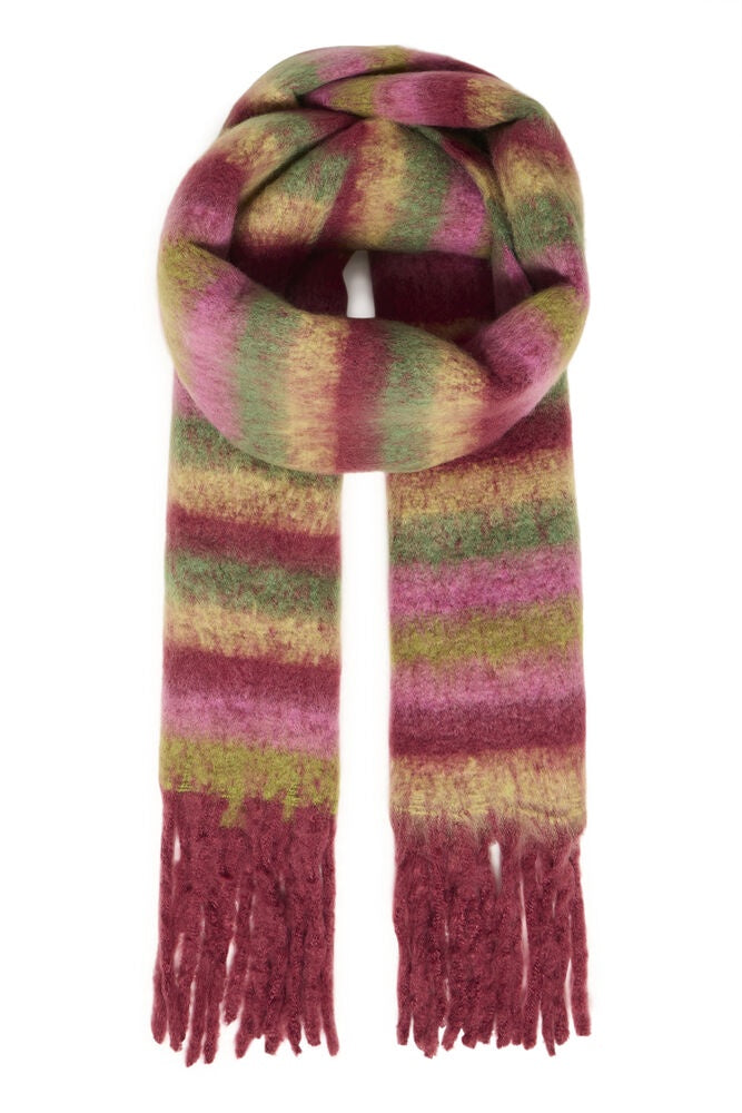 A multicolor striped knit scarf with fringed ends, featuring horizontal bands of magenta, olive green, and beige, displayed on a solid white background.