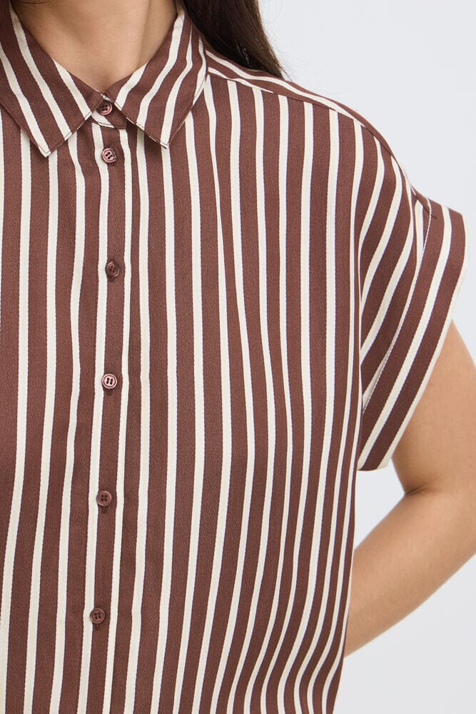  short sleeve striped shirt women, neutral stripe button up shirt, effortless summer blouse women, trendy striped womens top