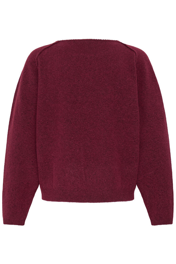 A maroon knit sweater shown from the back, featuring a crew neck and long sleeves, photographed against a solid white background.
