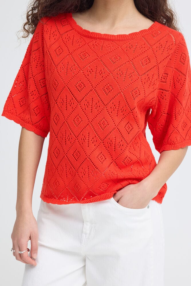 textured knit blouse red, womens red top, casual knit top women red
