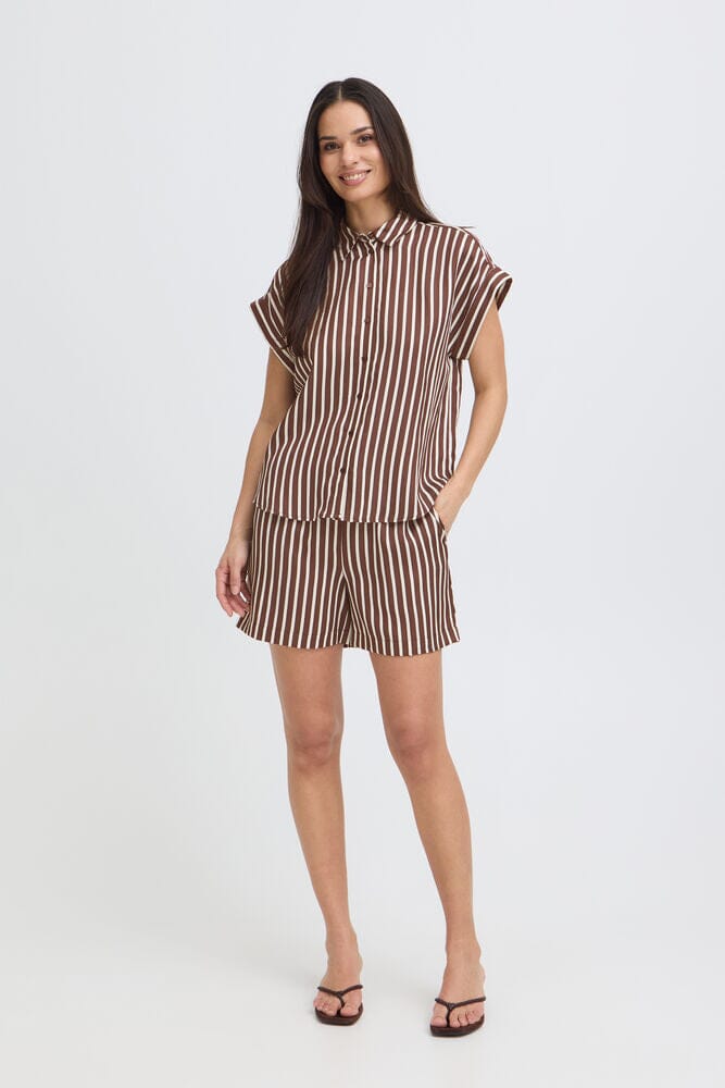 relaxed fit button up women, brown and cream striped blouse, lightweight striped shirt women, casual chic womens blouse, matching set shirt women, vacation outfit top women,
