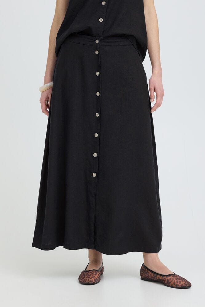 black linen midi skirt, linen blend midi skirt women, black button front skirt, flowy black midi skirt