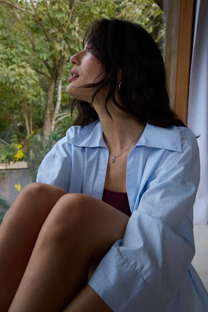 womens casual top blue, loose fit button down