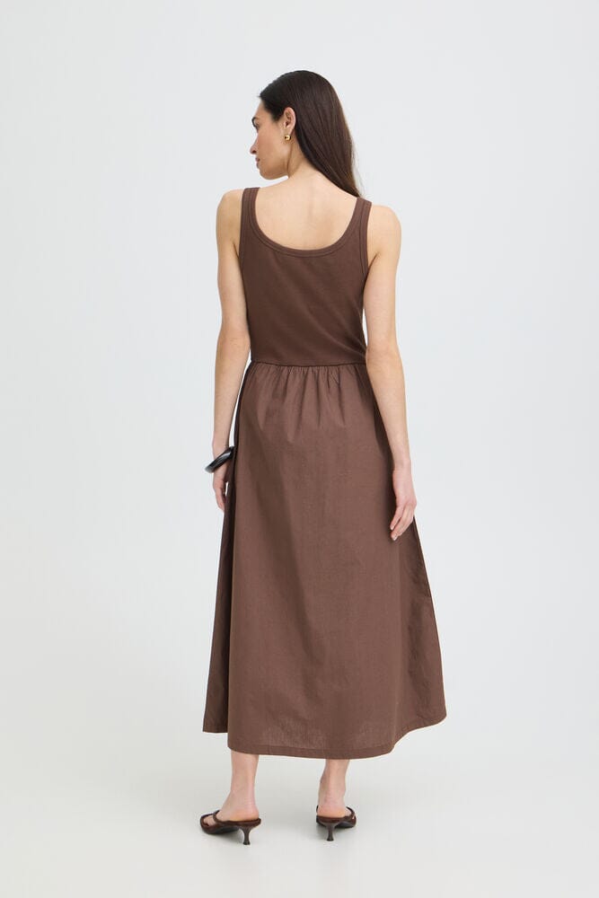Brown Tank Midi Dress for Women | Sleeveless Fitted Top Flowy Skirt
