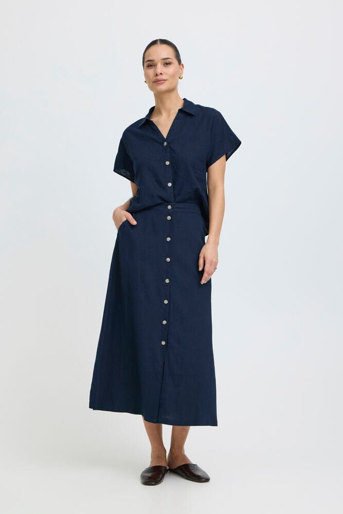 lightweight summer skirt women, navy vacation outfit women, womens linen blend midi skirt