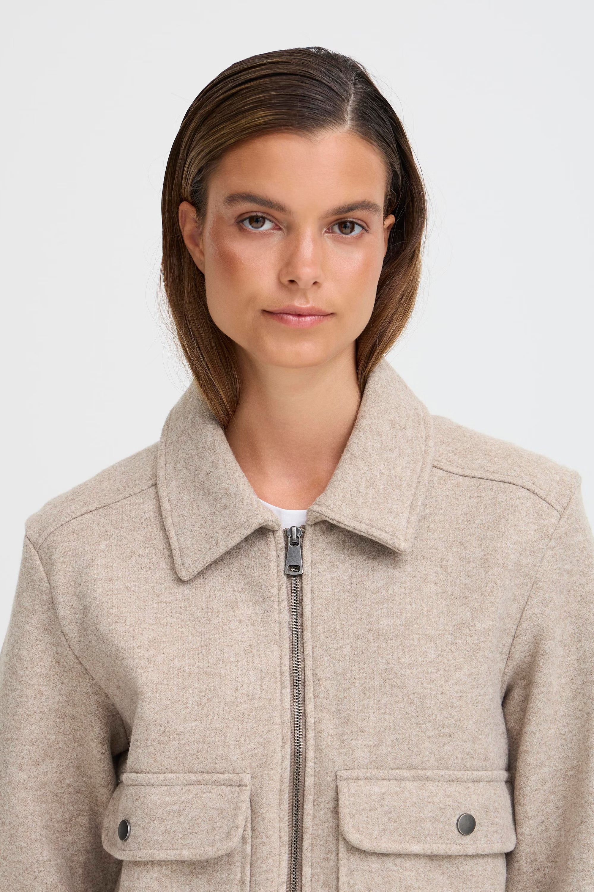 neutral short wool jacket, utility pocket jacket women