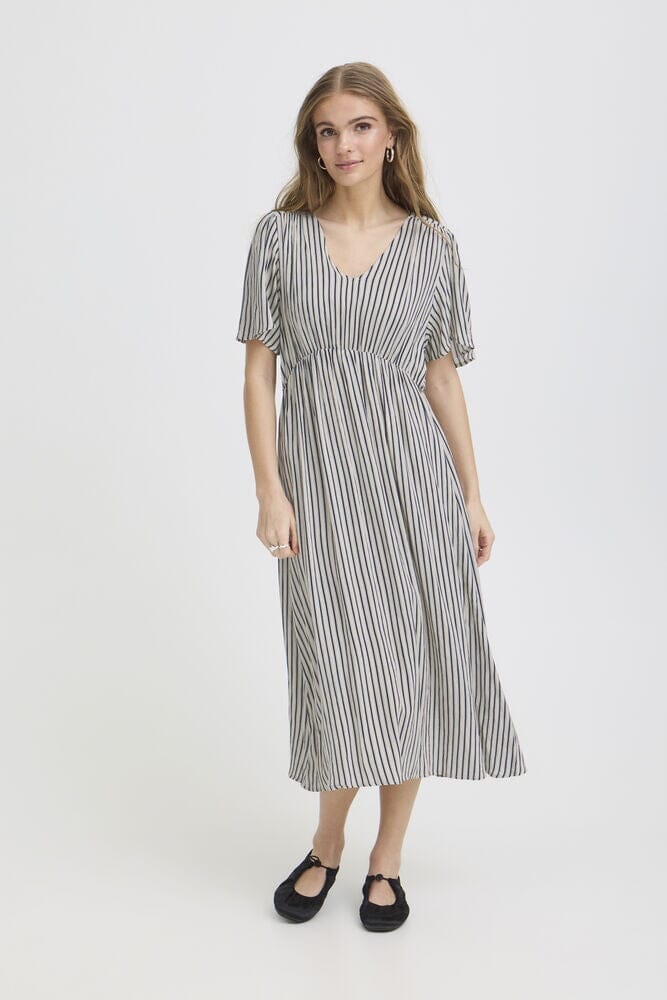 ICHI, navy stripe midi dress, striped midi dress women, vertical stripe dress, flowy midi dress