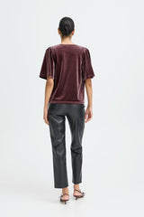 silky drape top, chic velvet short sleeve, statement velvet tee