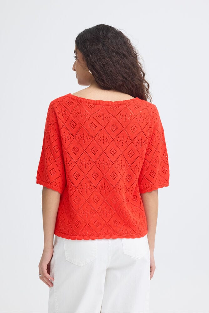 soft knit summer top red, bold color knit shirt, airy knit top red, feminine knit blouse red, red short sleeve sweater