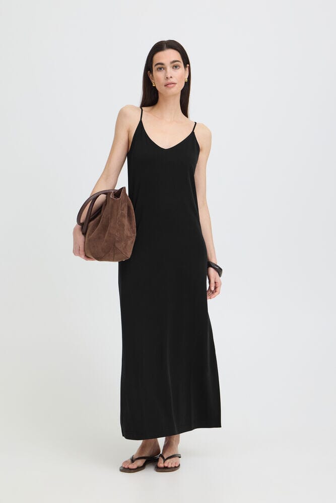 black satin look slip dress, effortless black dress women, casual chic black dress, vacation dress black women