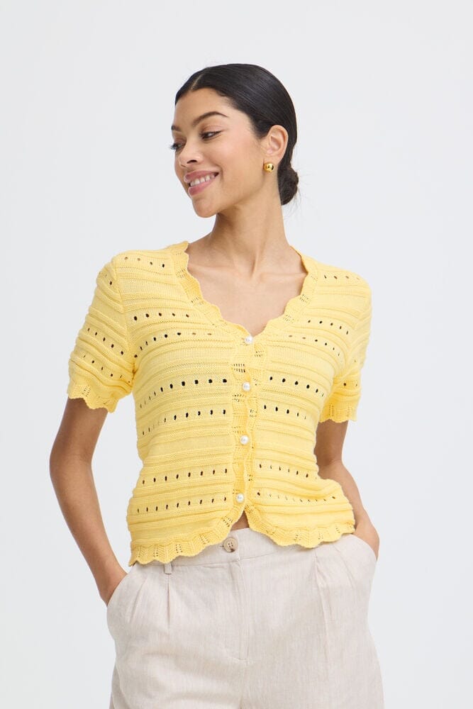 BYOUNG, yellow knit cardigan women, lightweight cardigan summer, open knit cardigan women, button front cardigan, cropped knit cardigan, soft yellow sweater women, breathable knit cardigan, summer layering cardigan, fitted cardigan women, casual chic cardigan, spring summer knitwear women, textured knit cardigan, everyday cardigan women, pastel yellow sweater, lightweight button cardigan