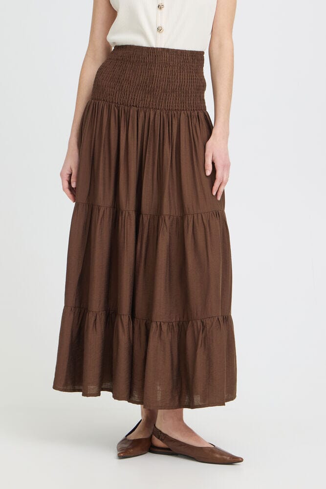 brown summer skirt outfit, soft tiered skirt women, versatile midi skirt brown, feminine flowy skirt