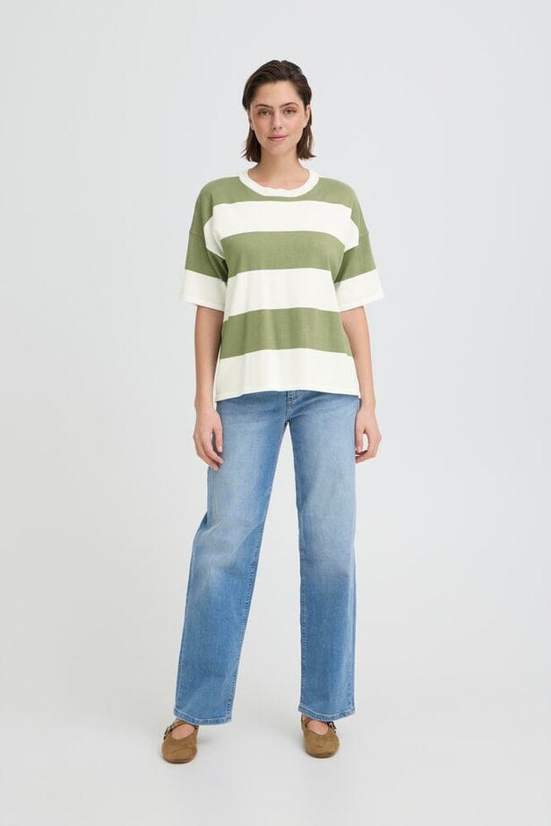 green and white stripe shirt, relaxed fit knit top
