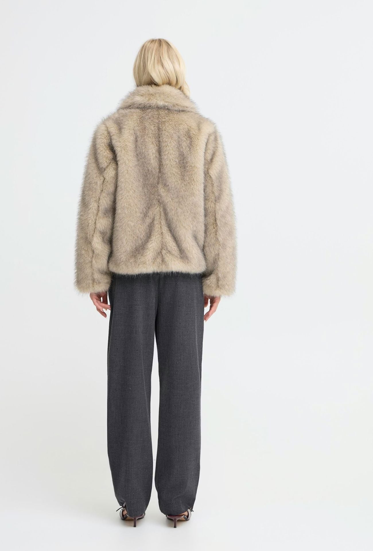 plush neutral fur jacket, soft beige winter jacket