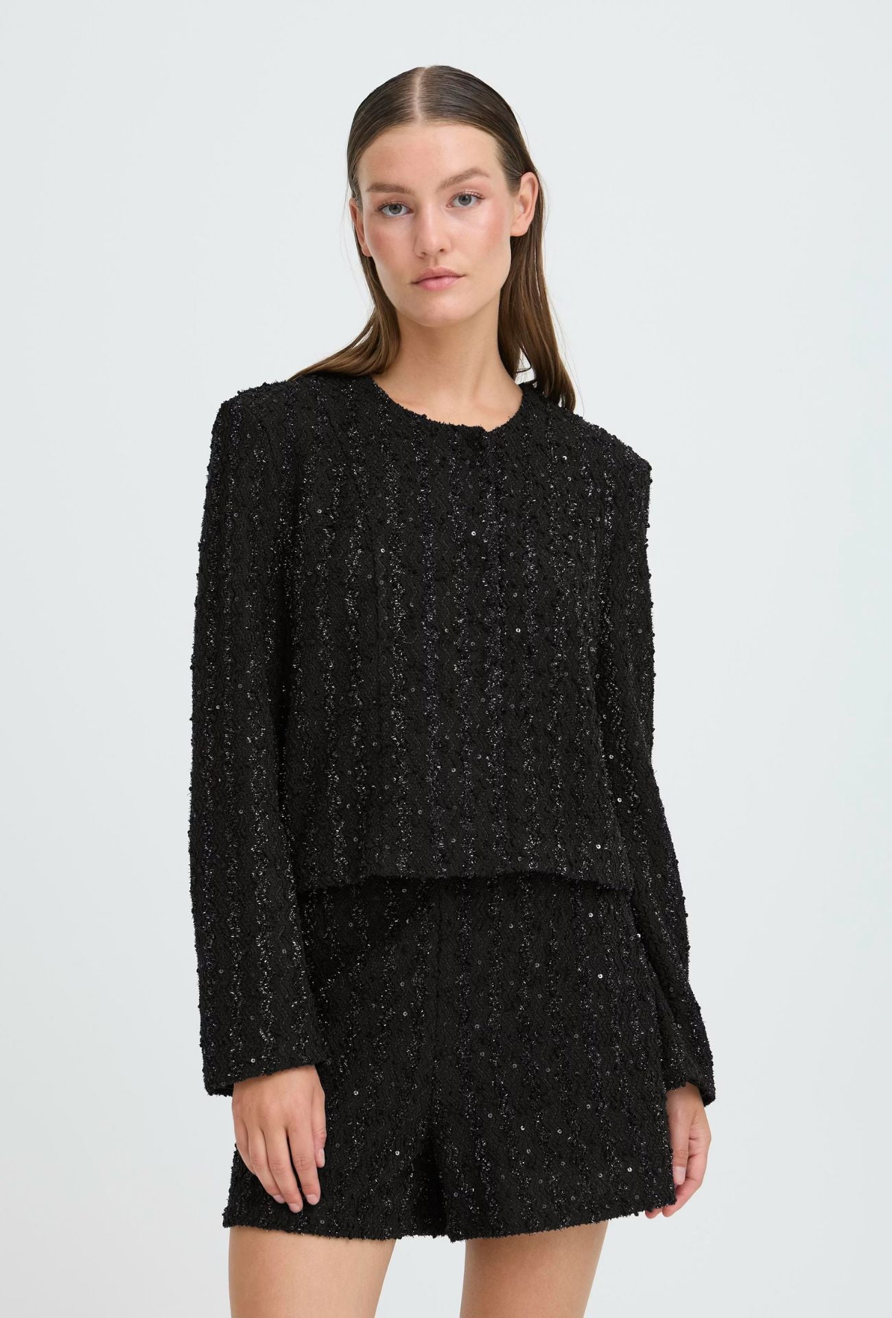 INKY BLACK HOLIDAY JACKET, ICHI, black sparkle jacket, textured black holiday blazer