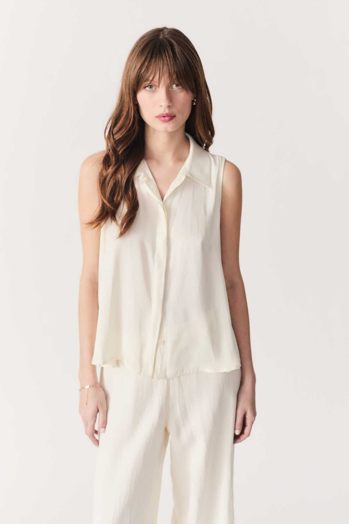 RACHEL SILKY SHIRT, DELUC, off white silky shirt, ivory sleeveless blouse