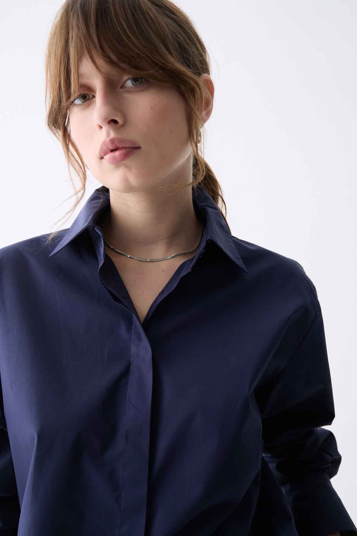 cotton poplin blouse, classic navy shirt, minimalist office top