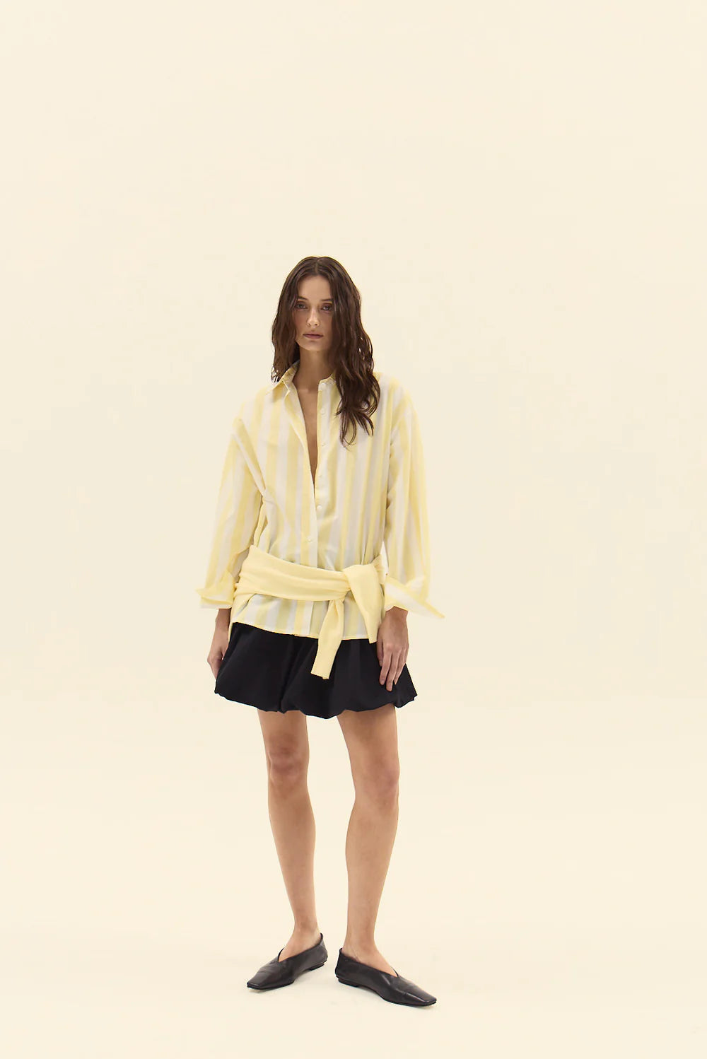 casual chic striped shirt, relaxed fit yellow blouse, vertical stripe shirt women