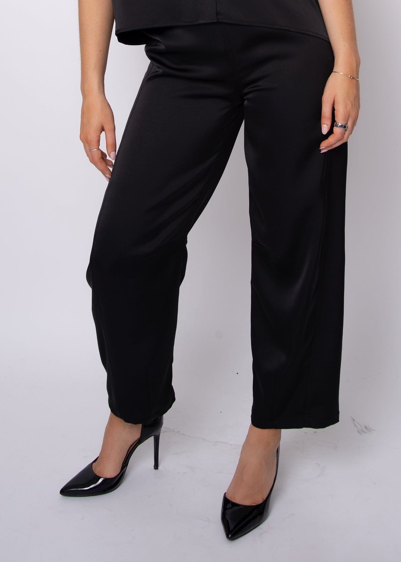 BLACK PULL ON BARREL PANTS, RD STYLE, black barrel pant, relaxed black trousers, womens pull on pant, curved leg pant black, soft drape pants, everyday black bottoms 