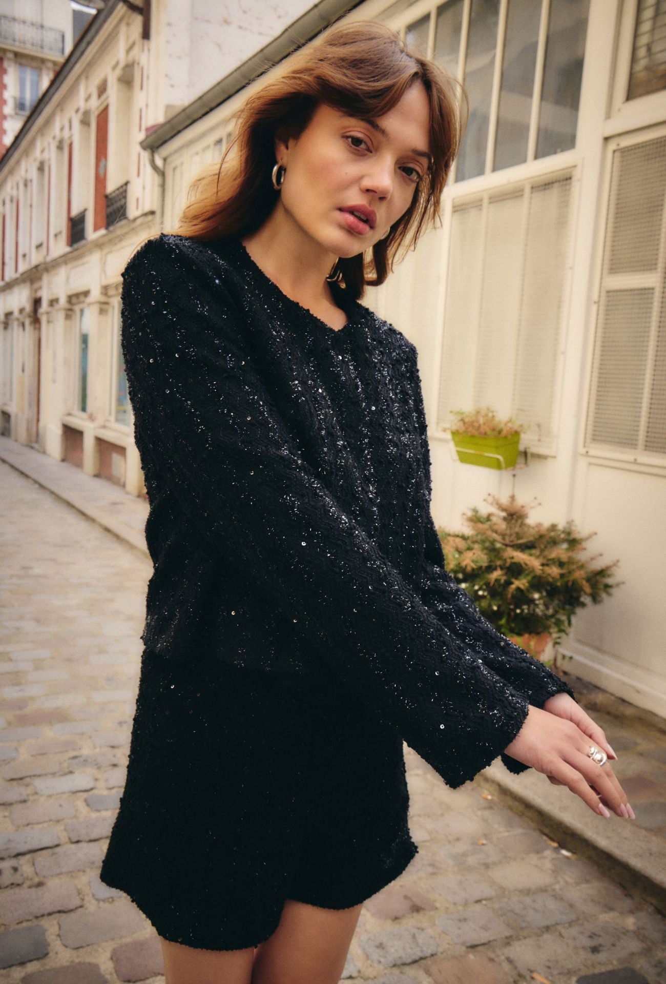 women’s black shimmer jacket, evening sparkle layer