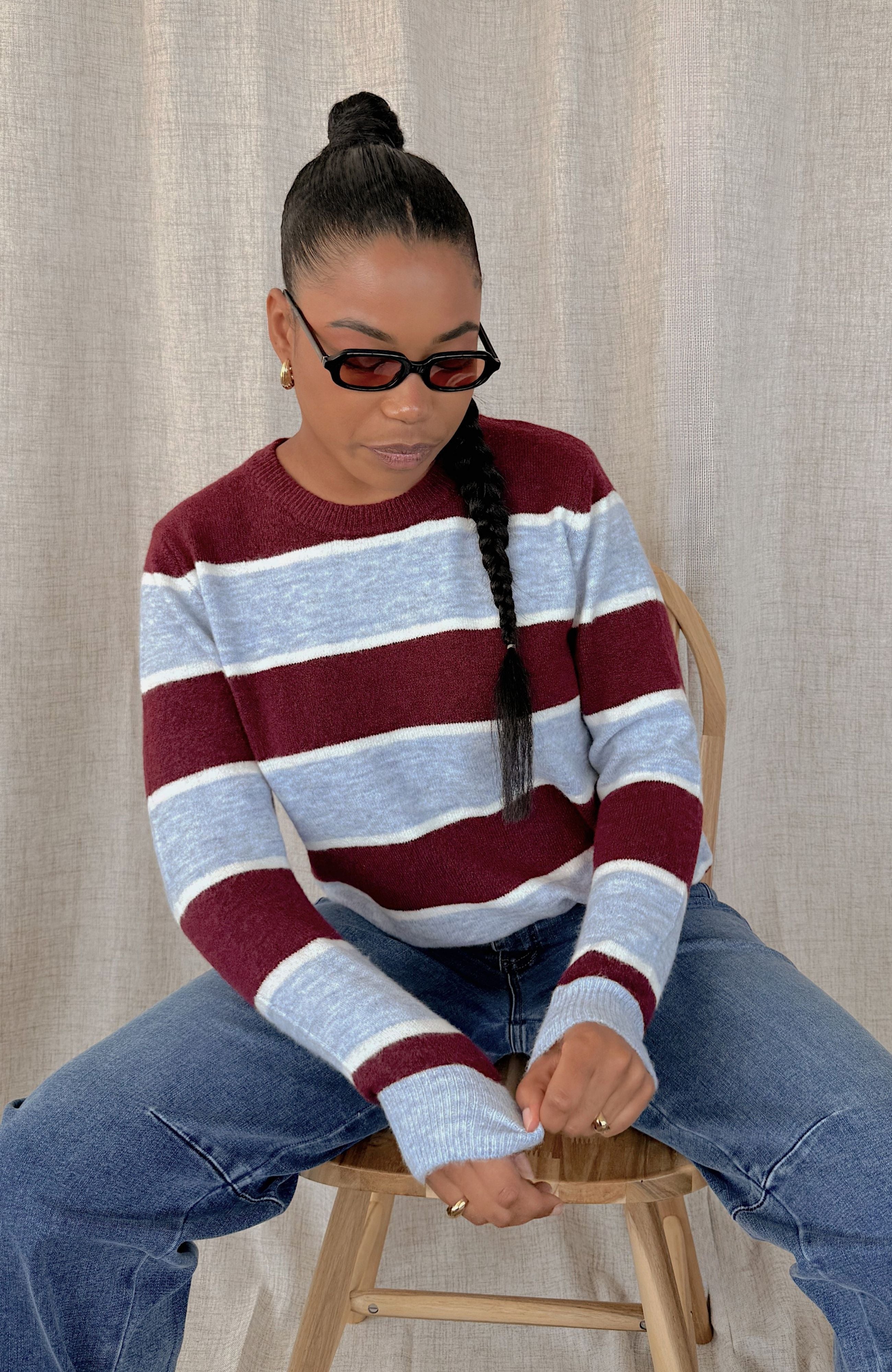 LIGHT KNIT STRIPE SWEATER (BURGUNDY+BLUE)