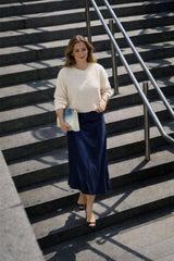 NAVY SILKY MIDI SKIRT