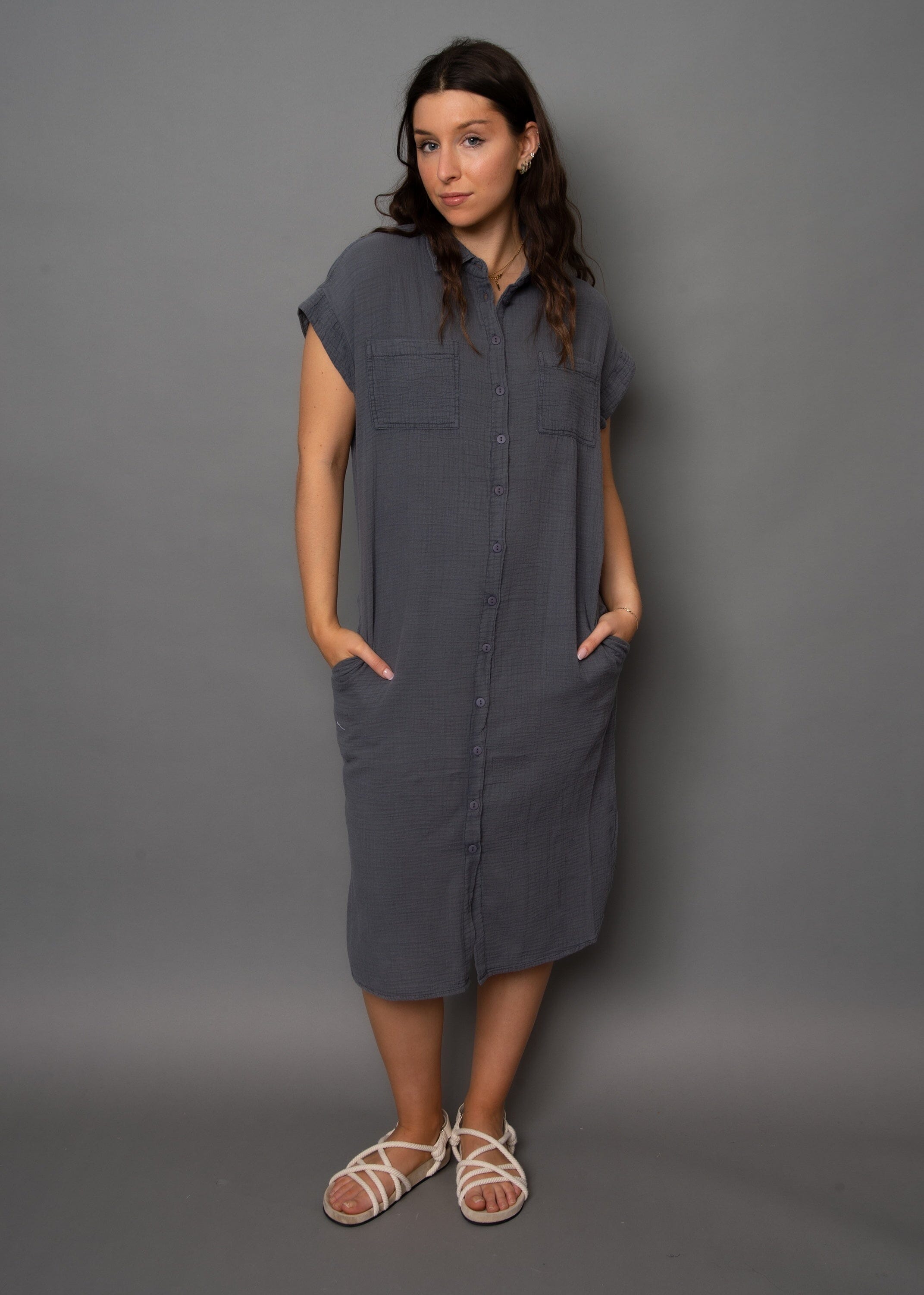GAUZE SLEEVELESS DRESS, GREY dress, RD STYLE, sleeveless gauze dress, grey button front dress, relaxed cotton dress women, casual summer midi dress 