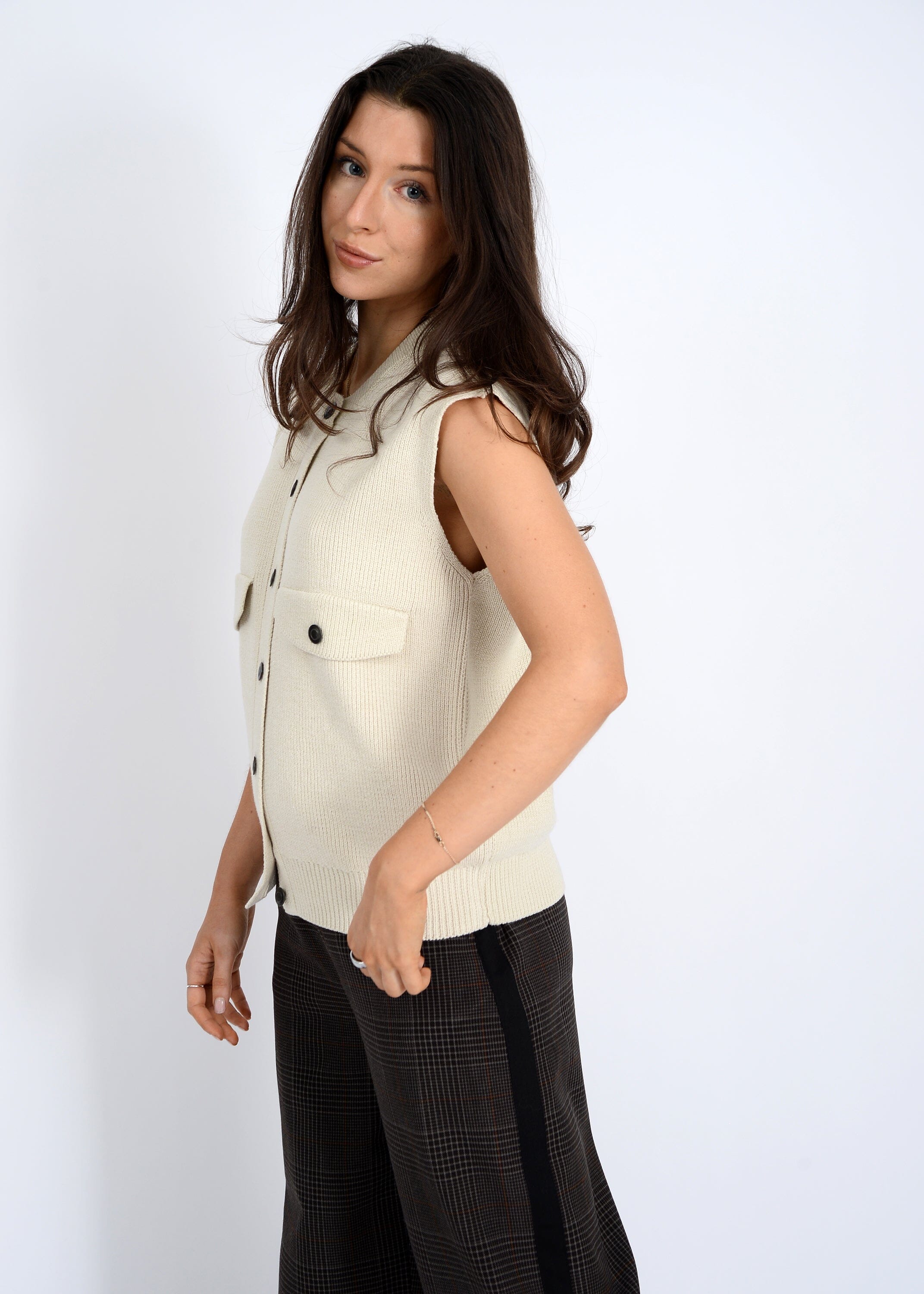 textured knit layering piece, casual neutral vest