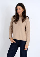 beige knit sweater, crew neck pullover, neutral ribbed top