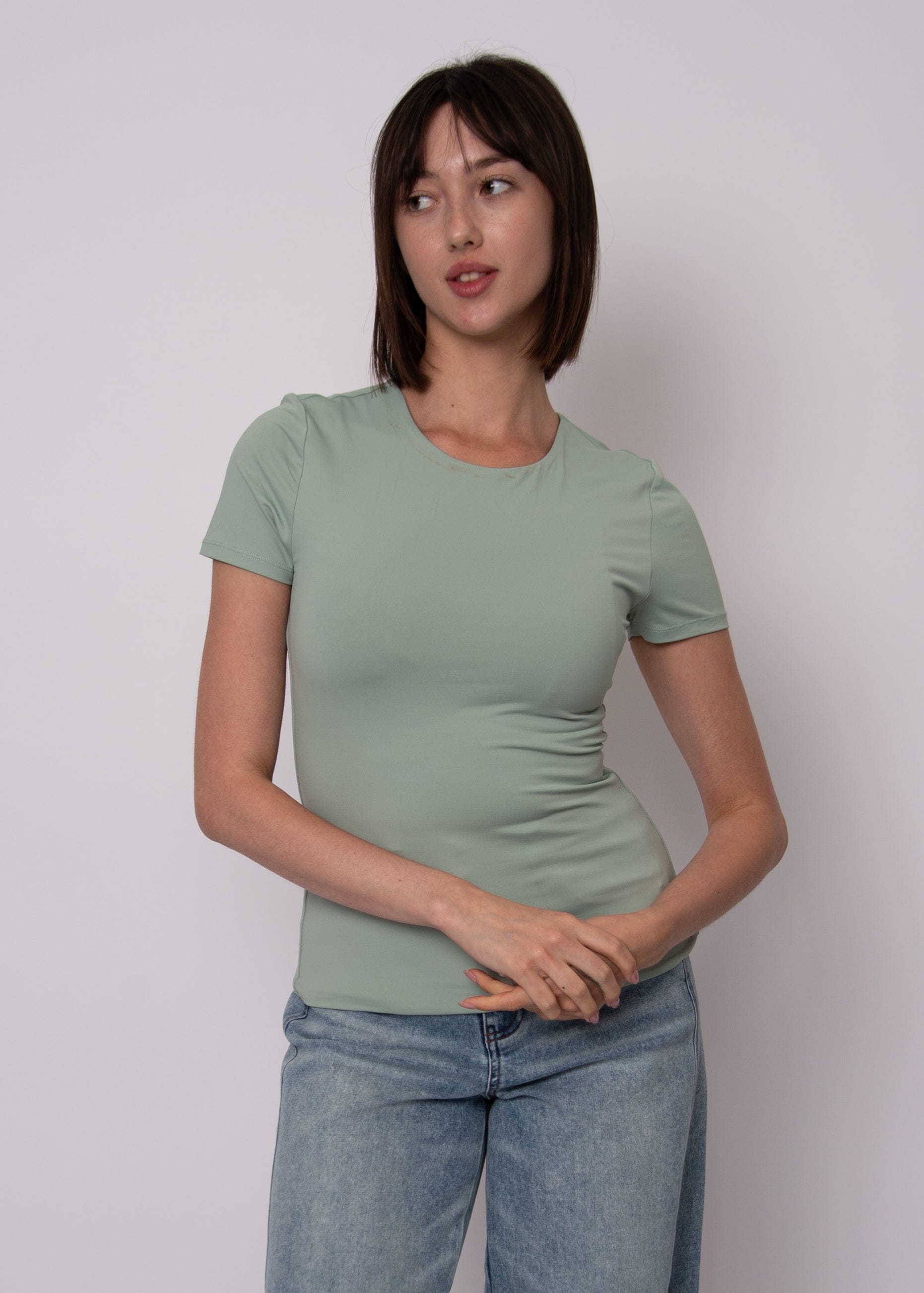 SECOND SKIN SHORT SLEEVE TOP, SECOND SKIN, green second skin top, green short sleeve fitted top