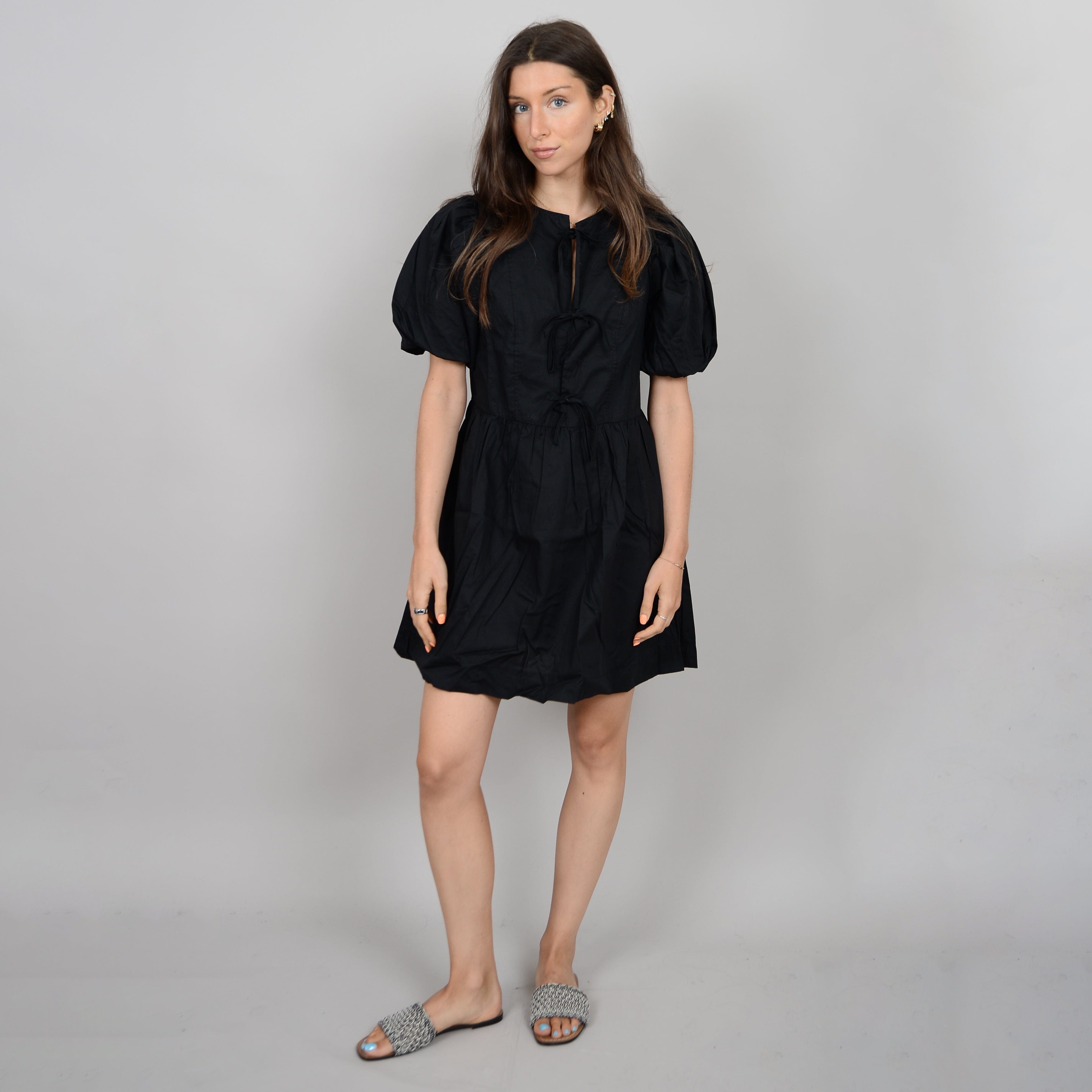 FRONT TIE PUFF SLEEVE PEPLUM DRESS (BLACK) Dress RD STYLE 