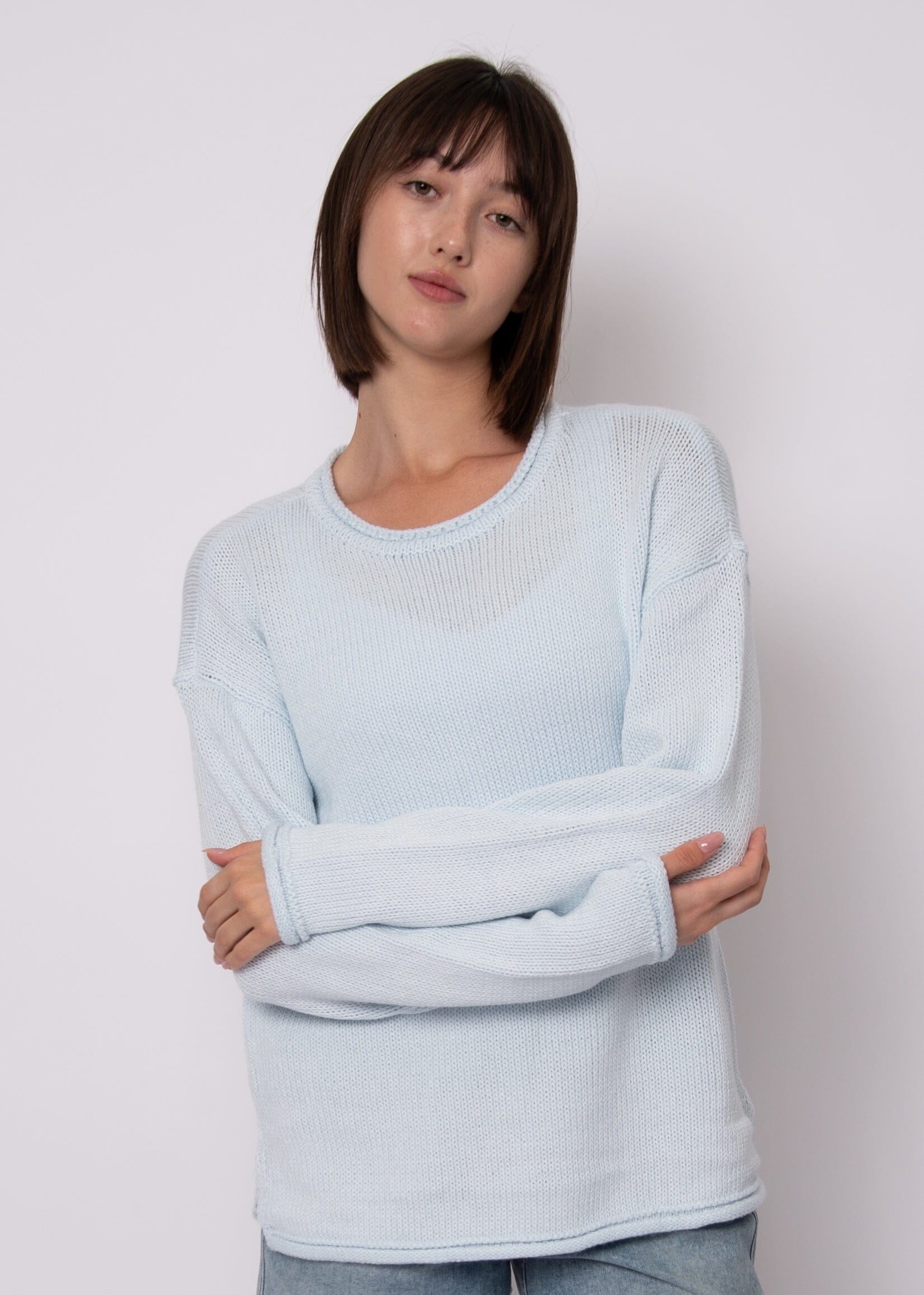 ice blue knit sweater women, light blue crew neck sweater, pastel blue knit top