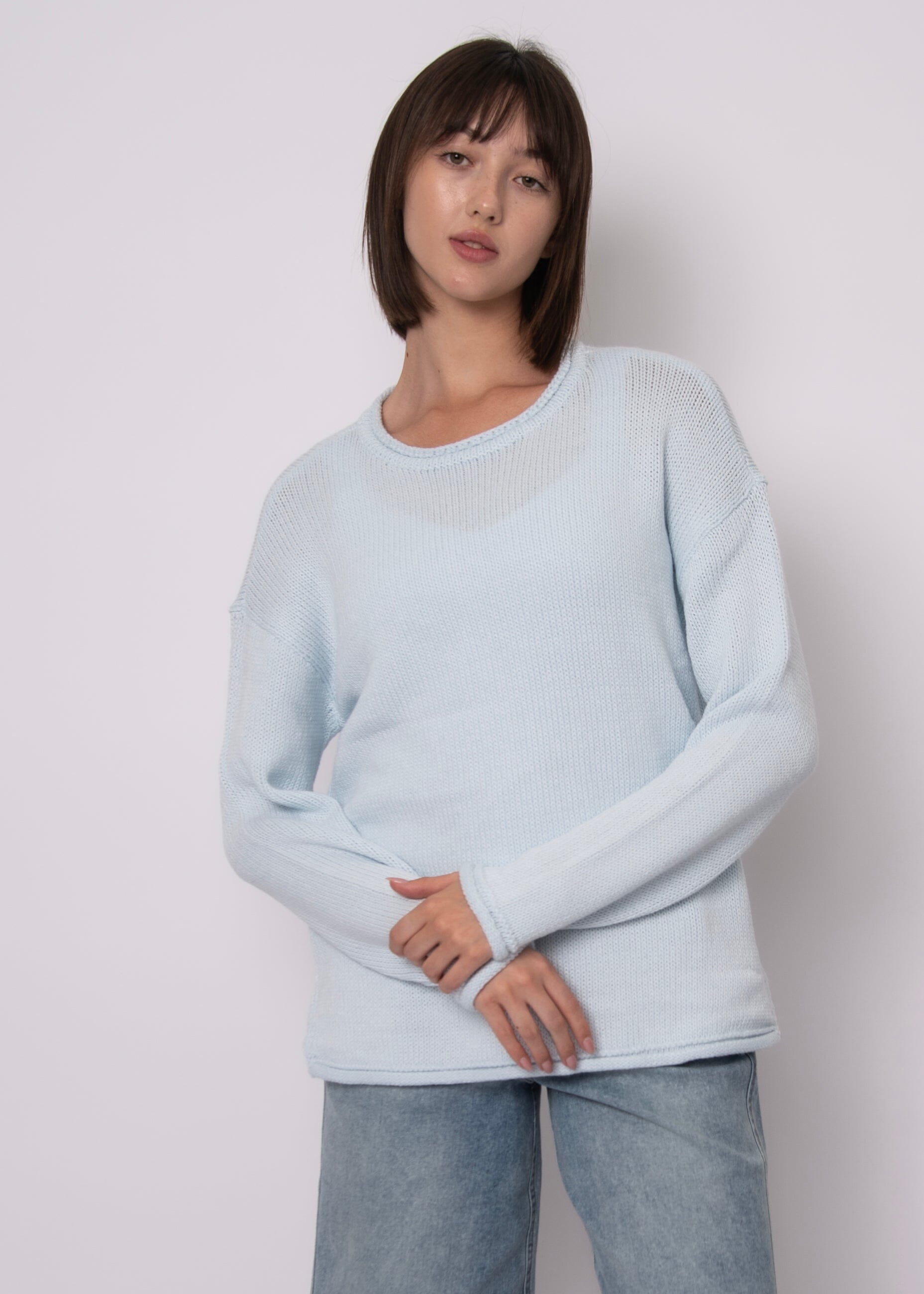lightweight blue sweater women, relaxed fit blue sweater, women textured knit pullover