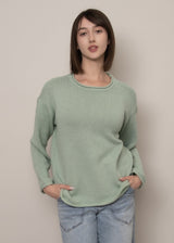 ivy green knit sweater, women crew neck sweater, lightweight textured knit top